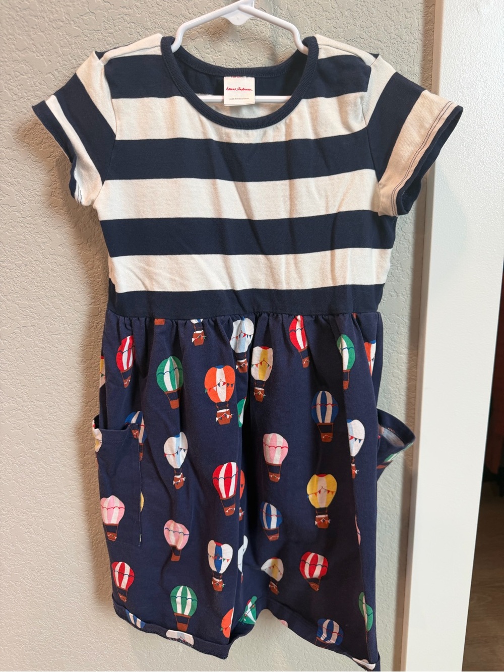 Hanna Andersson Navy & Cream Striped Dress with Colorful Hot Air Balloons